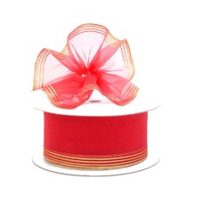 1.5 Inch Coral Organza Pull Bow Ribbon With 4 Rows of Gold Stripe Accents, 25 Yards (Lot of 1 Spool) SALE ITEM